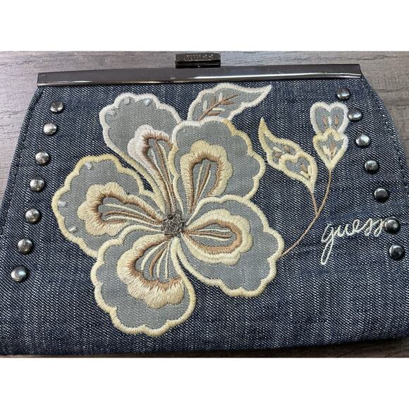 Vintage Guess Denim Clutch Bag Embroidered Floral Pattern Boho Chic Y2K - Picture 2 of 11